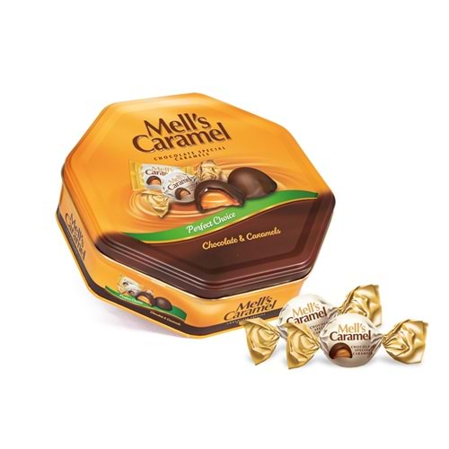MELLS CARAMEL ÇİKOLATA KAPLAMA SEKİZGEN TENEKE KUTU 500 GR