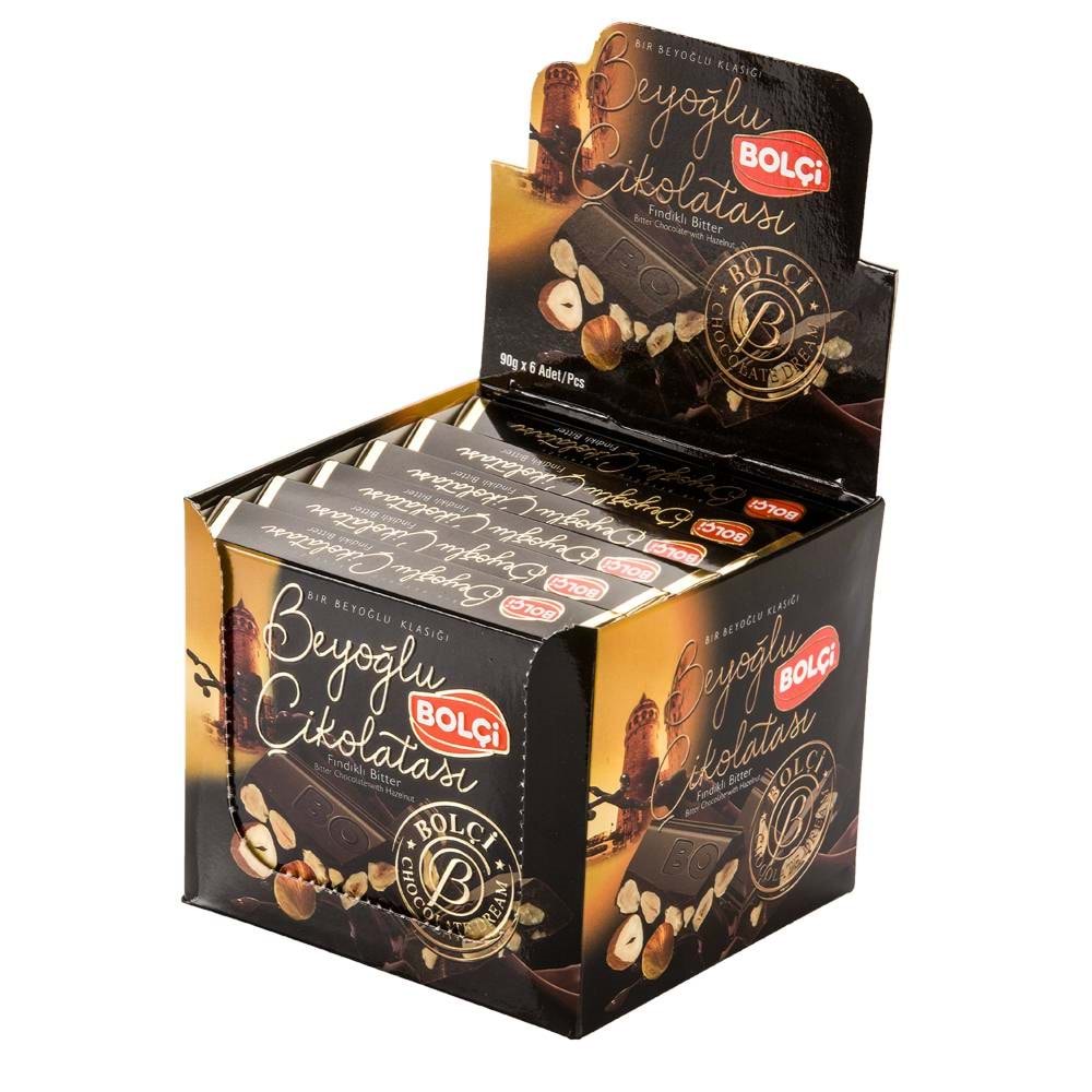 BOLÇİ ÇİKOLATA (B589) BEYOĞLU ÇİKOLATASI BİTTER FINDIKLI TABLET 90 GR 6 LI